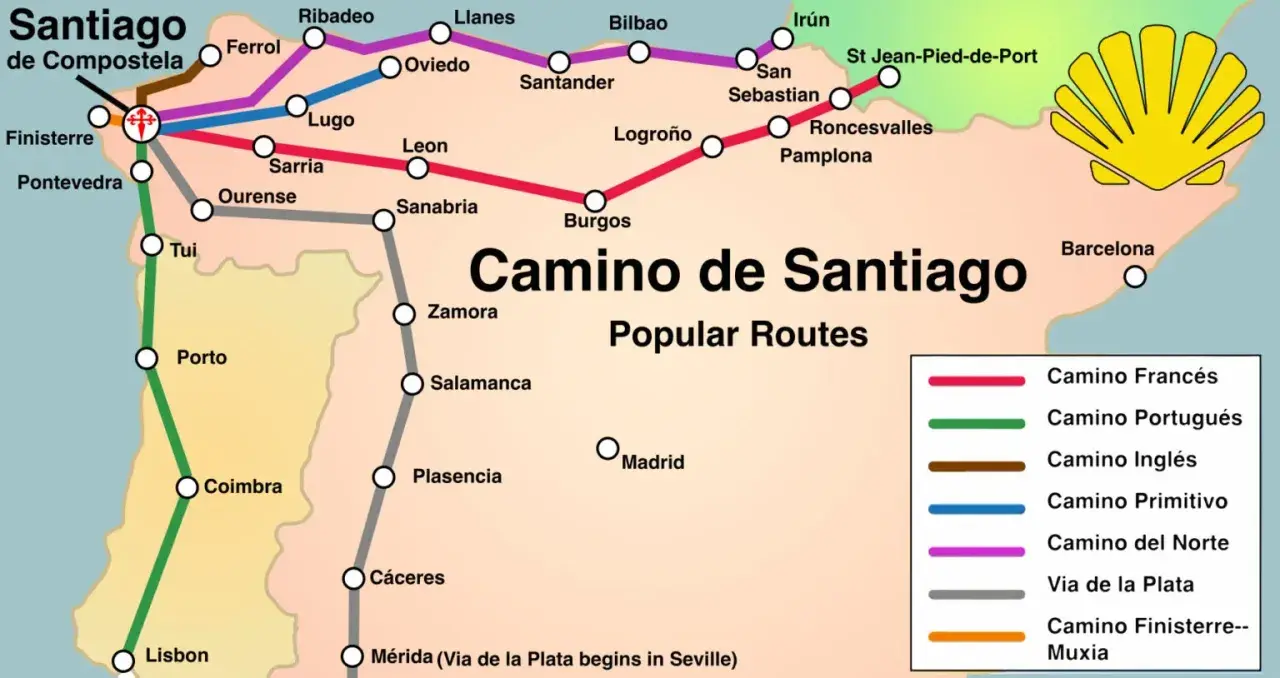 Mapa szlaków Camino de Santiago. Fioletowa linia oznacza Camino del Norte, prowadzącą przez Santander i Bilbao do Santiago.