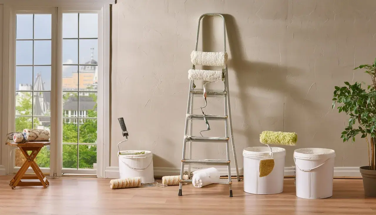 Préparation pour nettoyer mur intérieur crépi avant peinture : rouleaux, seaux et échelle sont prêts.