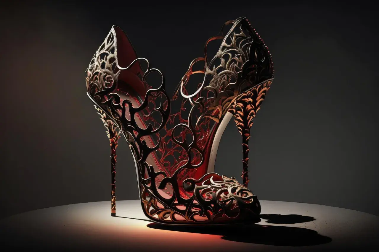 Escarpin spectaculaire aux motifs complexes, une œuvre d'art issue de l'impression 3D textile, alliant élégance et technologie.