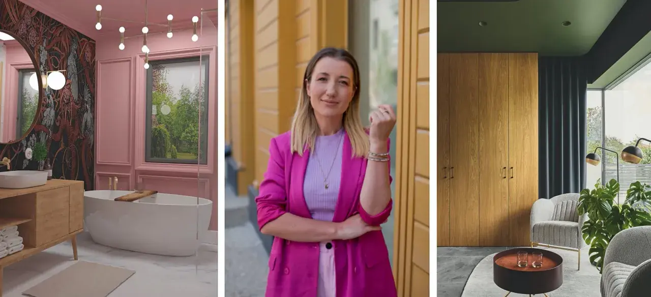 Różowe kolory ścian w łazience, kobieta w fuksjowej marynarce i nowoczesne wnętrze z drewnianymi panelami.