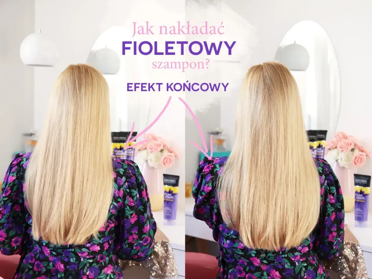 Porównanie włosów przed i po użyciu fioletowego szamponu. Czy fioletowy szampon rozjaśnia włosy? Efekt końcowy pokazuje subtelną zmianę.
