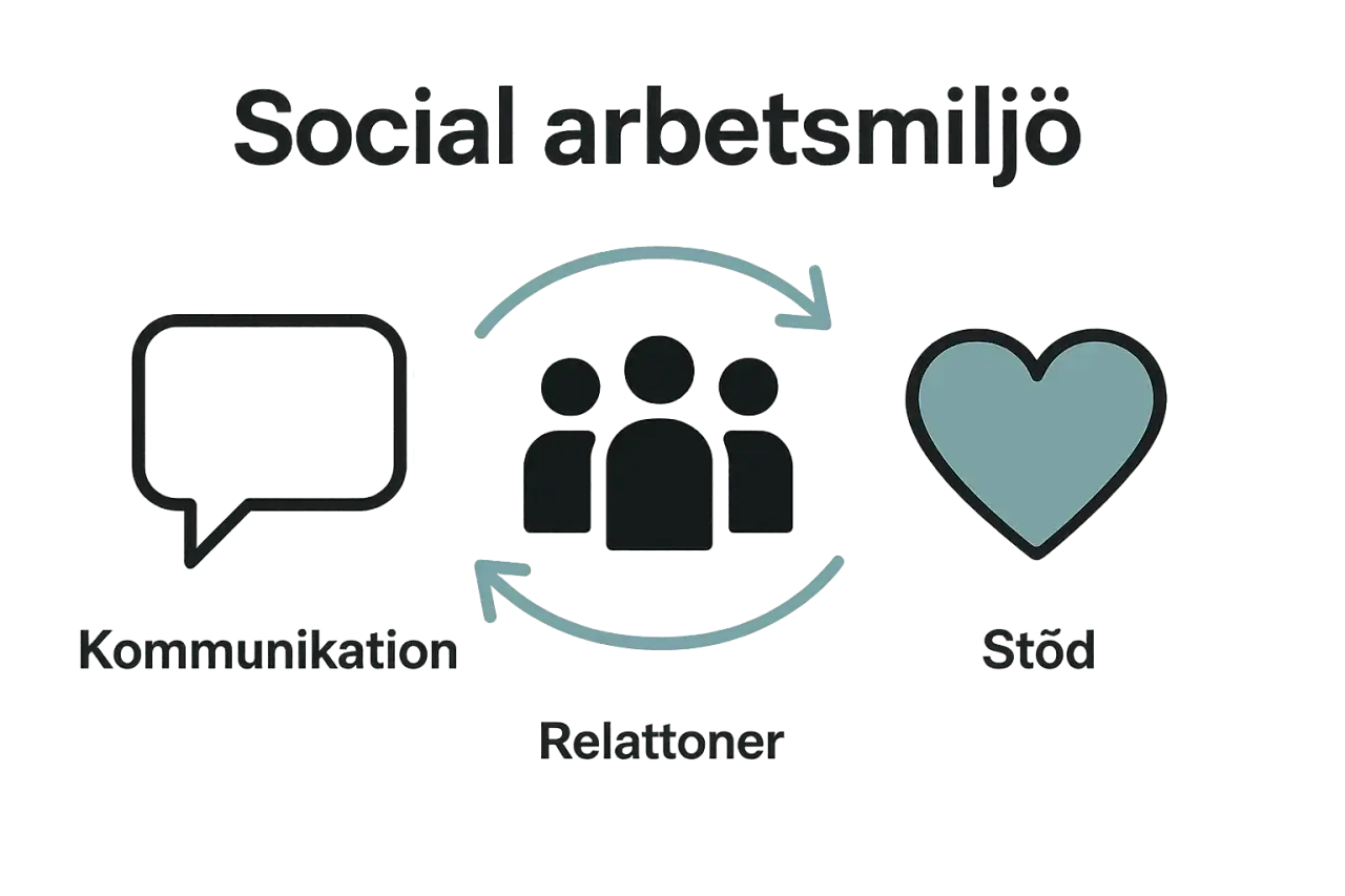 Bilden visar att vad betyder socialt i arbetslivet: kommunikation, relationer och stöd.