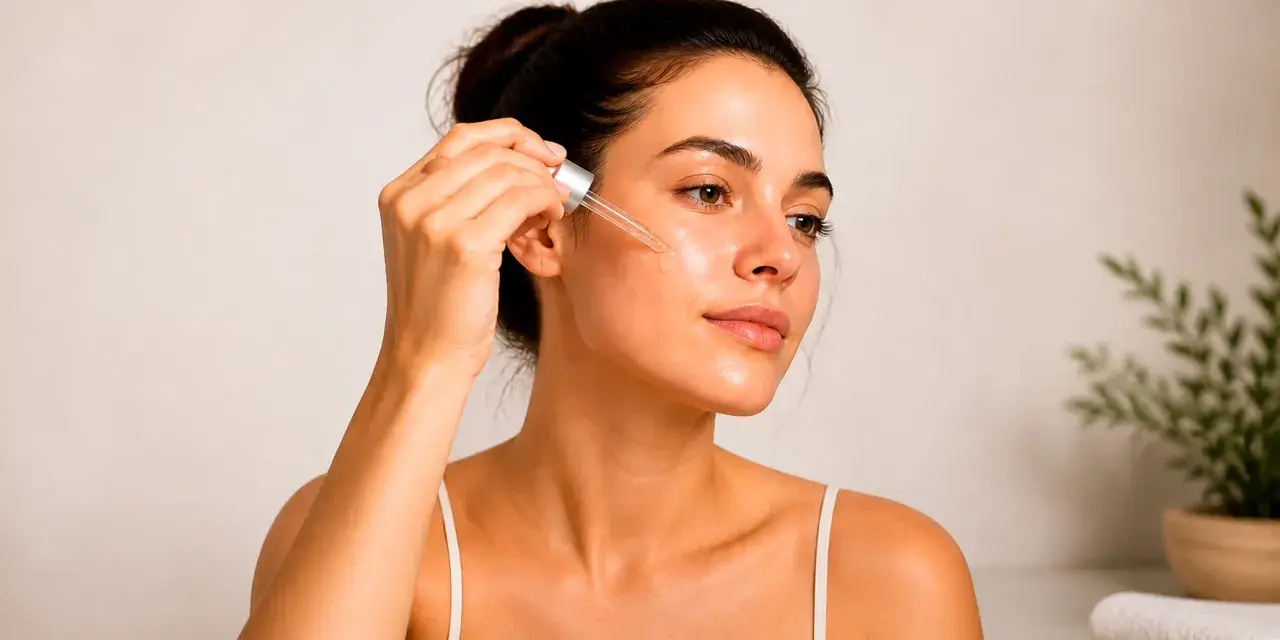 Mujer aplicando suero facial con gotero, disfrutando de los beneficios del retinol para una piel radiante y rejuvenecida.
