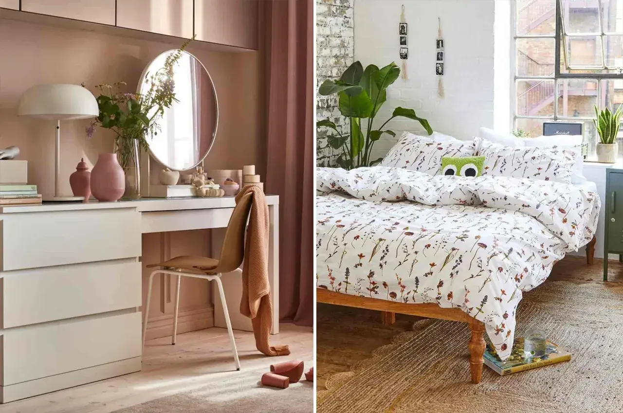 Ambiance douce pour une **rénovation chambre** : coiffeuse rose poudré et lit fleuri avec coussin rigolo.