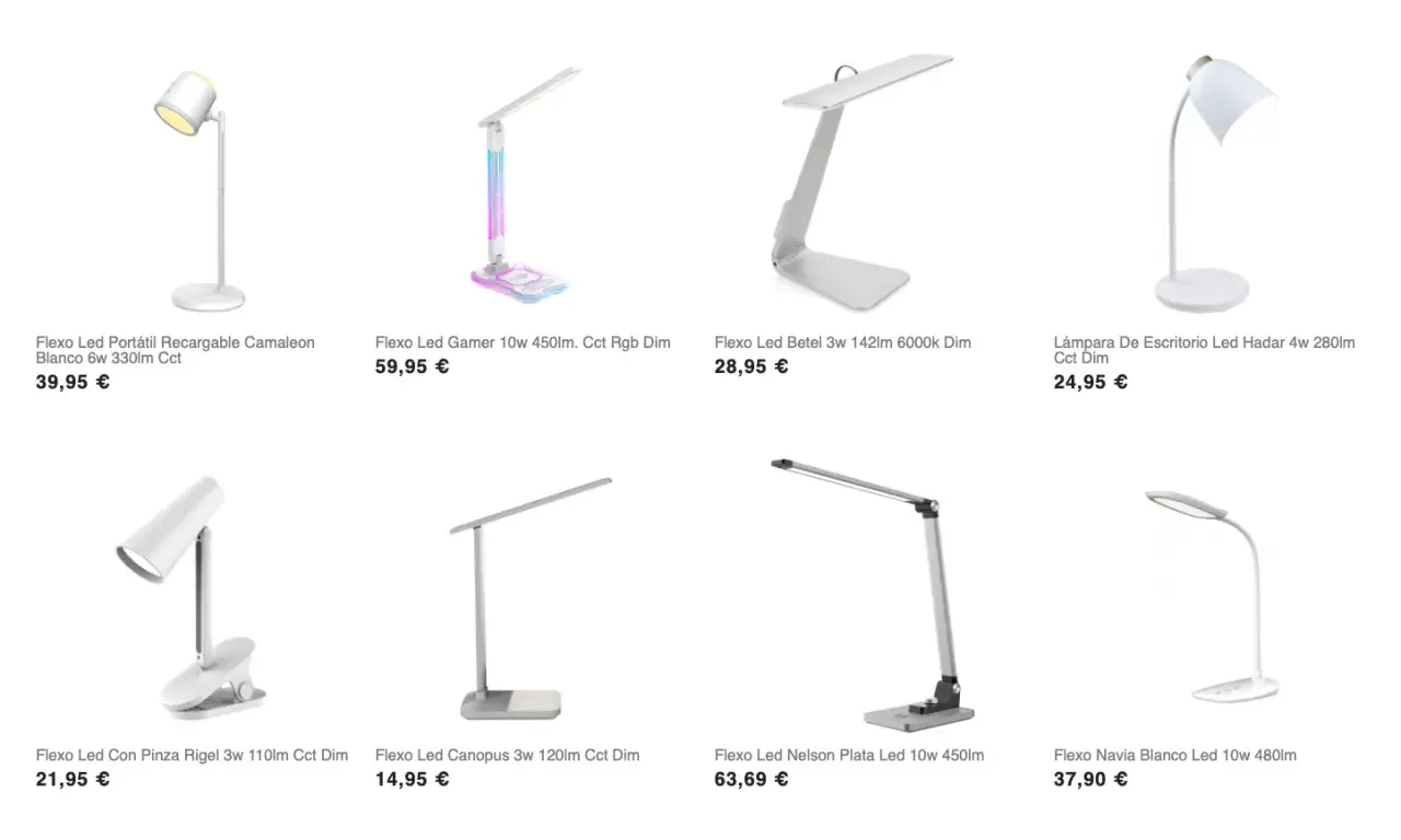 Variedad de flexo techo y lámparas LED de escritorio, ideales para iluminar tu espacio de trabajo o estudio.