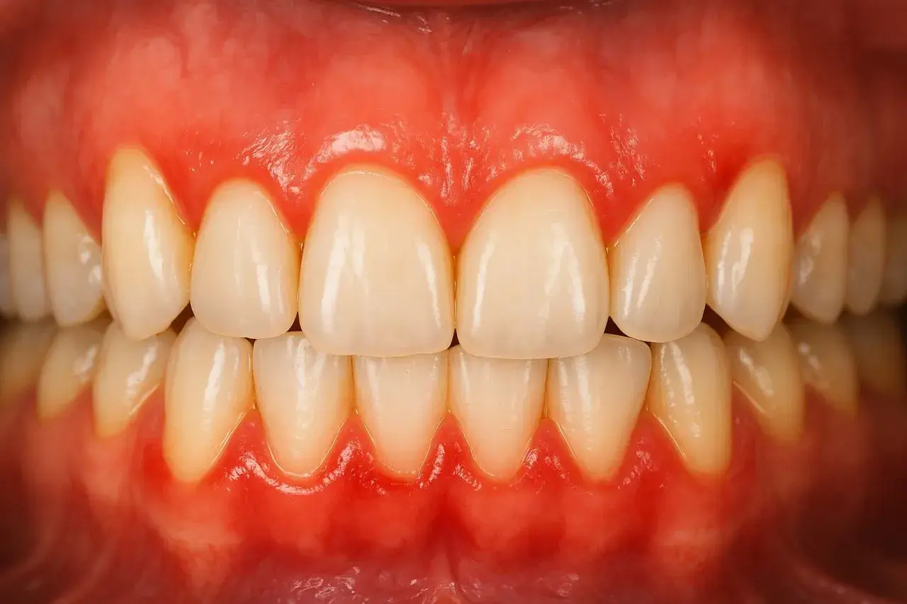 Gengive gonfie e arrossate, un segno di gengivite gravidica. Denti bianchi e sani, ma le gengive richiedono attenzione.