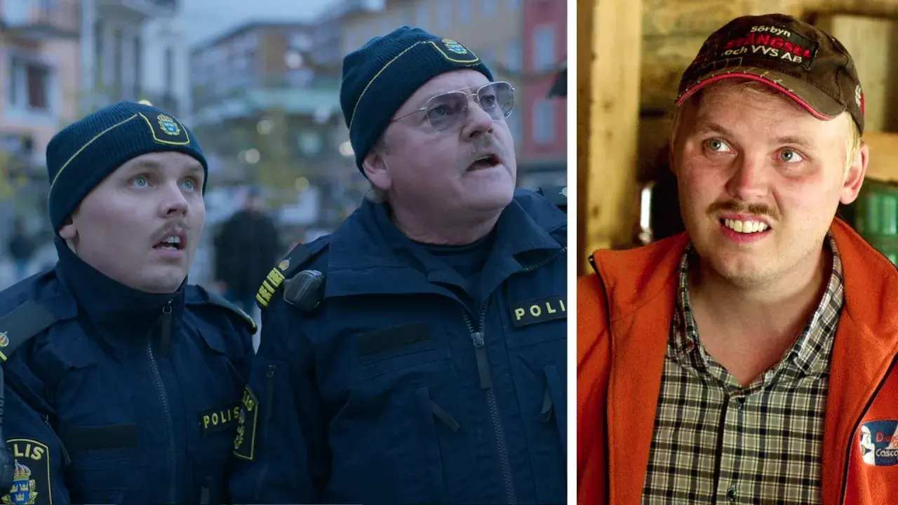 Leif och Billy film: Två poliser i blå uniformer och mössor tittar uppåt. Till höger en man med keps och orange jacka.