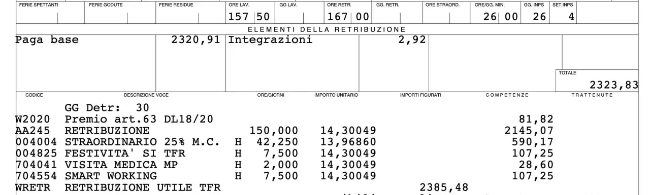 Dettaglio busta paga: paga base, integrazioni e quanto vengono pagati gli straordinari. Totale netto 2323,83.
