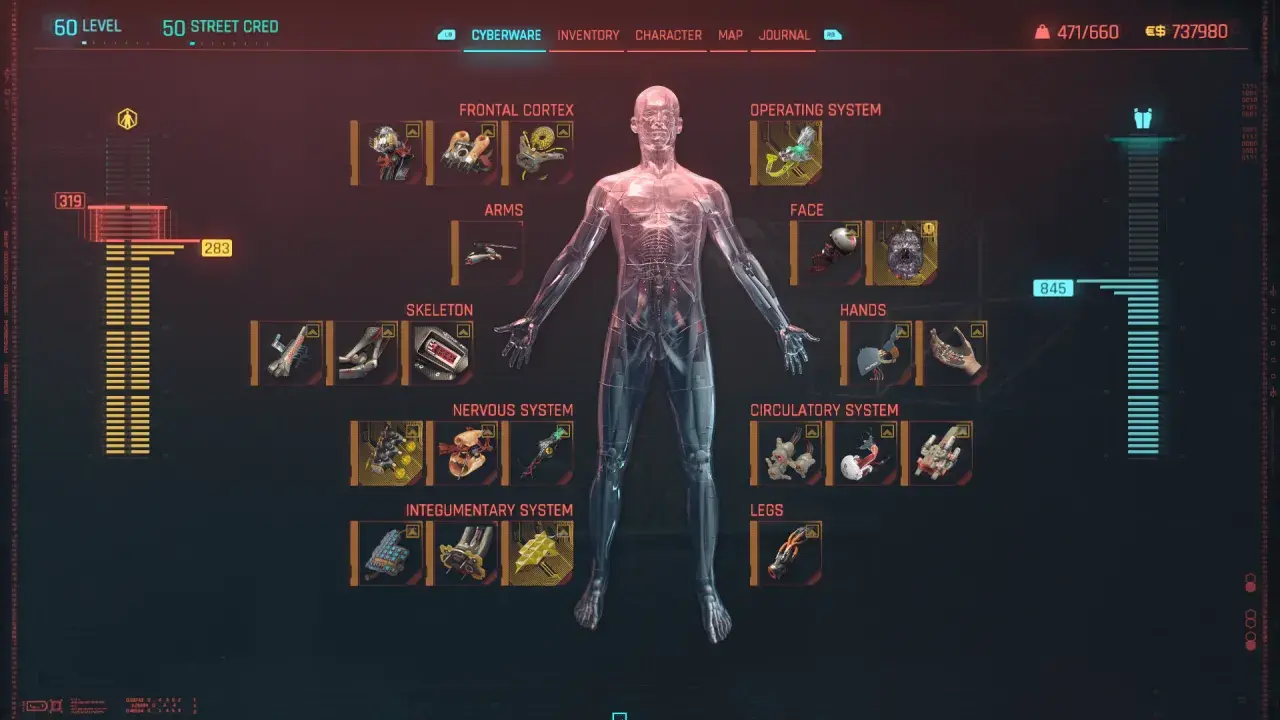 Cyberpunk maksymalny poziom. Interfejs pokazuje cyberwszczepy postaci: mózg, układ krążenia, szkielet, ręce, nogi i inne.