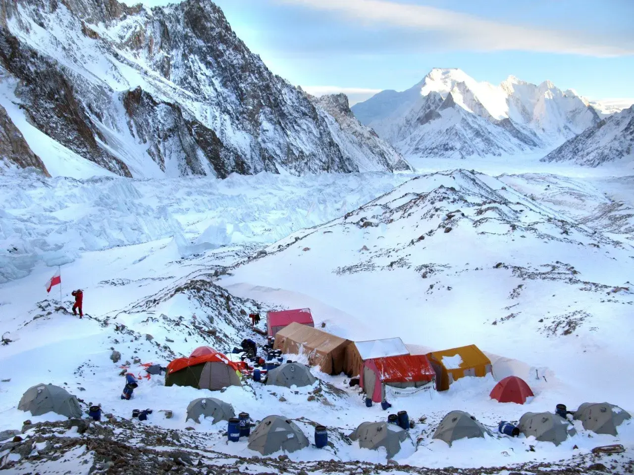 Obóz pod Broad Peak, zimowy krajobraz, namioty, lodowiec. Tragedia w górach, polscy alpiniści.