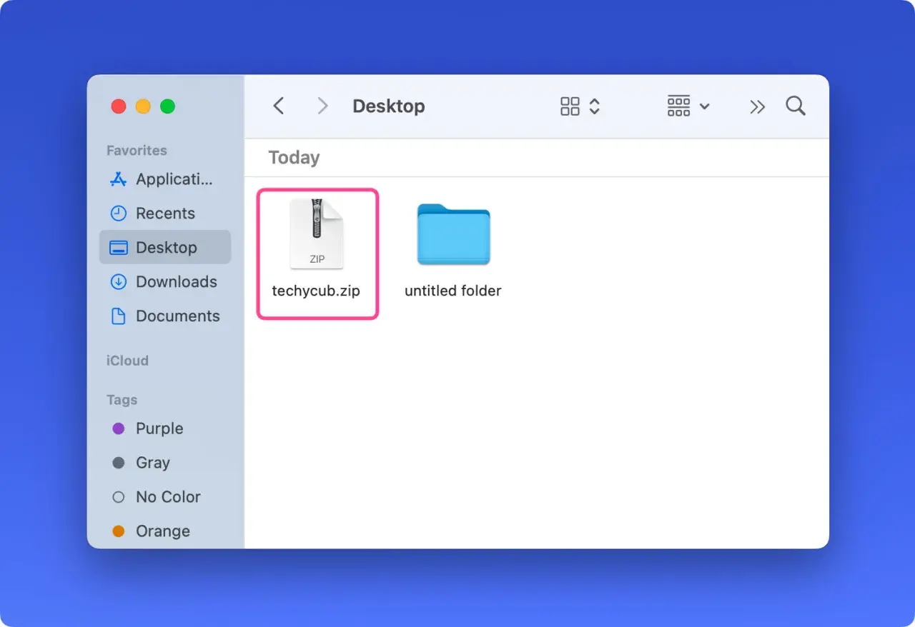 Jak rozpakować zip? Na pulpicie widoczny plik "techycub.zip" i folder. Kliknij dwukrotnie, by rozpakować.