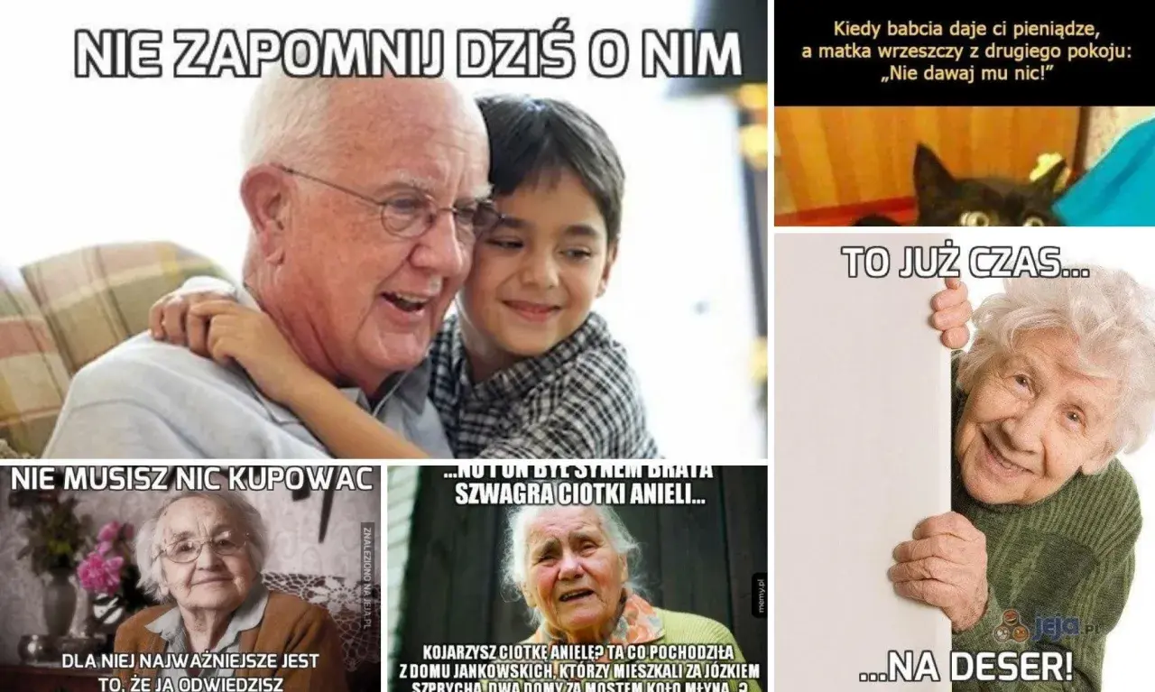 Kawały o babci i dziadku: uśmiechnięty dziadek z wnukiem, babcia z kotem, babcia z kwiatami, starsza pani z tabliczką i uśmiechnięta staruszka.