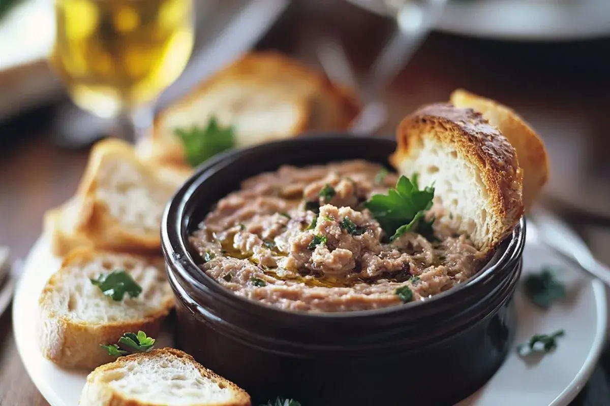 Un bol de rillettes de maquereau, garni de persil et d'huile d'olive, servi avec des tranches de pain grillé.