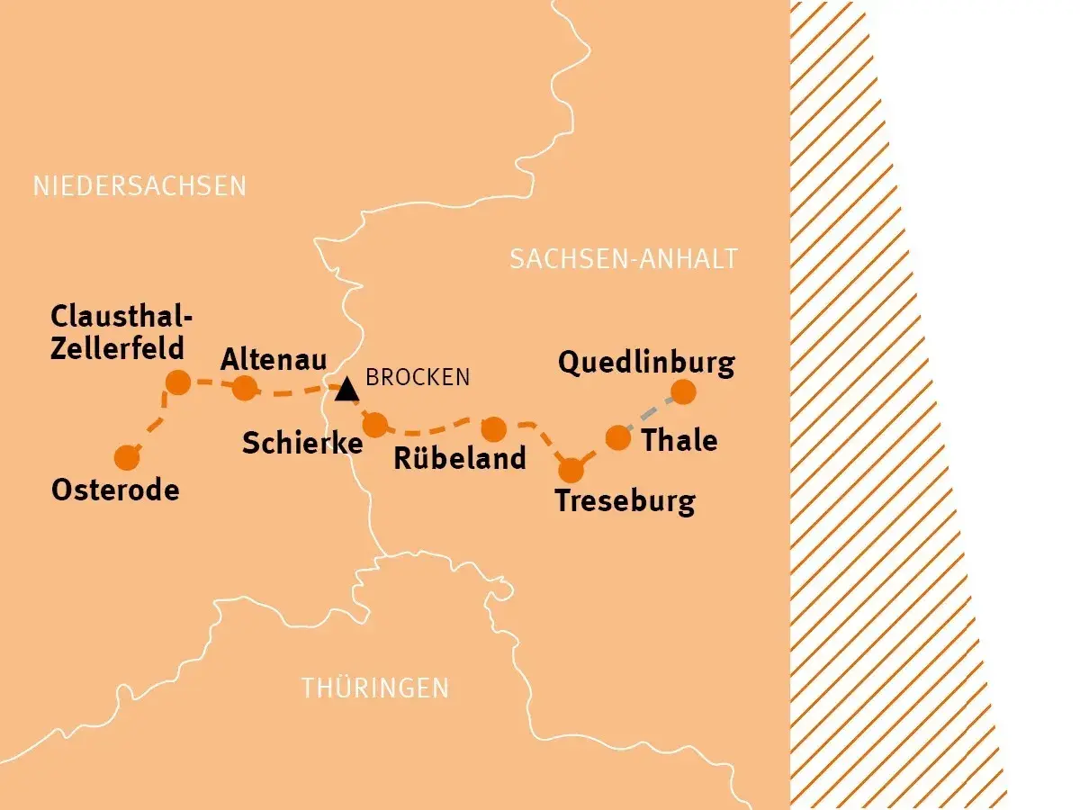 Karte zeigt die Etappen des Harzer Hexenstiegs: Osterode, Clausthal-Zellerfeld, Altenau, Schierke, Brocken, Rübeland, Thale, Treseburg, Quedlinburg.