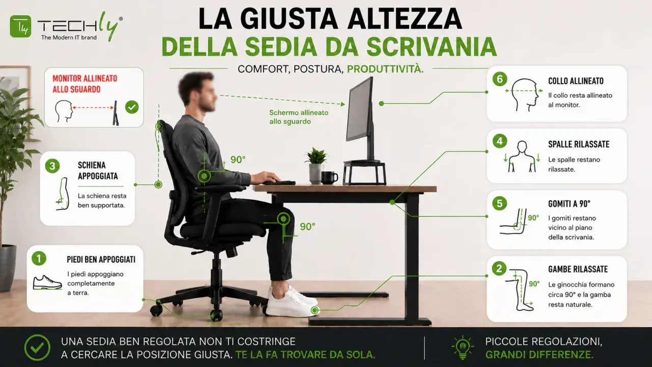 Guida alla postura corretta: scopri quanto è alta una sedia da scrivania per comfort, schiena, gambe e braccia a 90°.