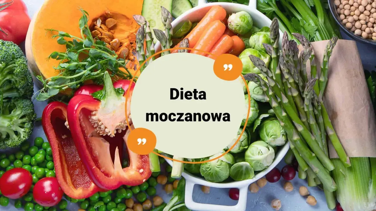 Zdrowe warzywa i napisy "Dieta moczanowa". Brokuły, dynia, papryka, marchew, szparagi, brukselka, fasolka, pomidory.