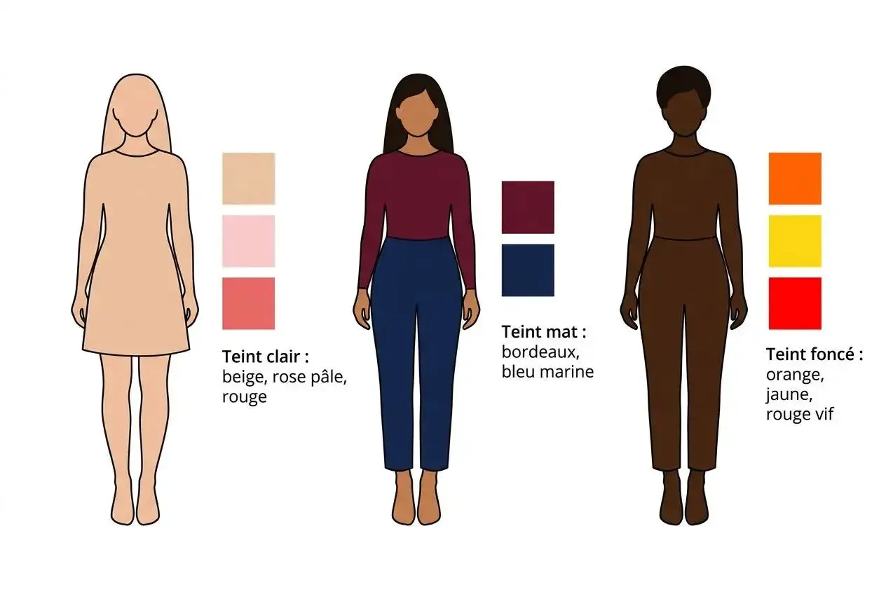 Guide des couleurs qui vont ensemble pour s'habiller : teints clairs (beige, rose), mats (bordeaux, bleu marine) et foncés (orange, jaune, rouge vif).