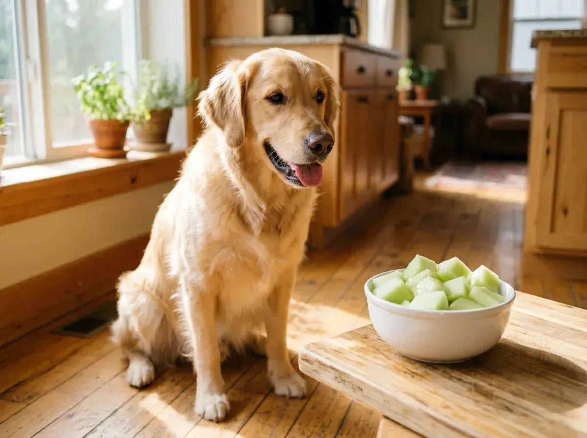 A golden retriever sits patiently, eyeing a bowl of honeydew melon cubes, wondering if dogs can eat honeydew.