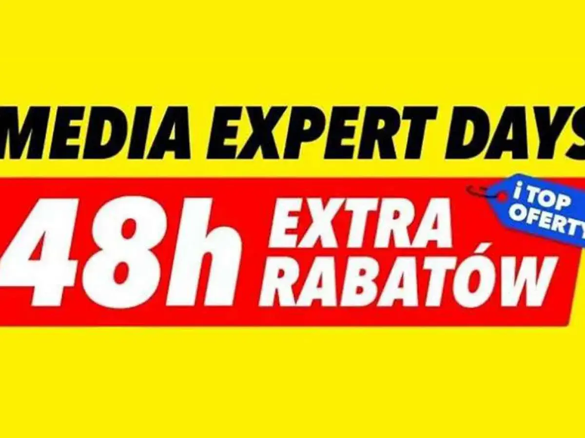 Napis "Media Expert Days" i "48h Extra Rabatów" na czerwonym tle z niebieską etykietą "Top Oferty".