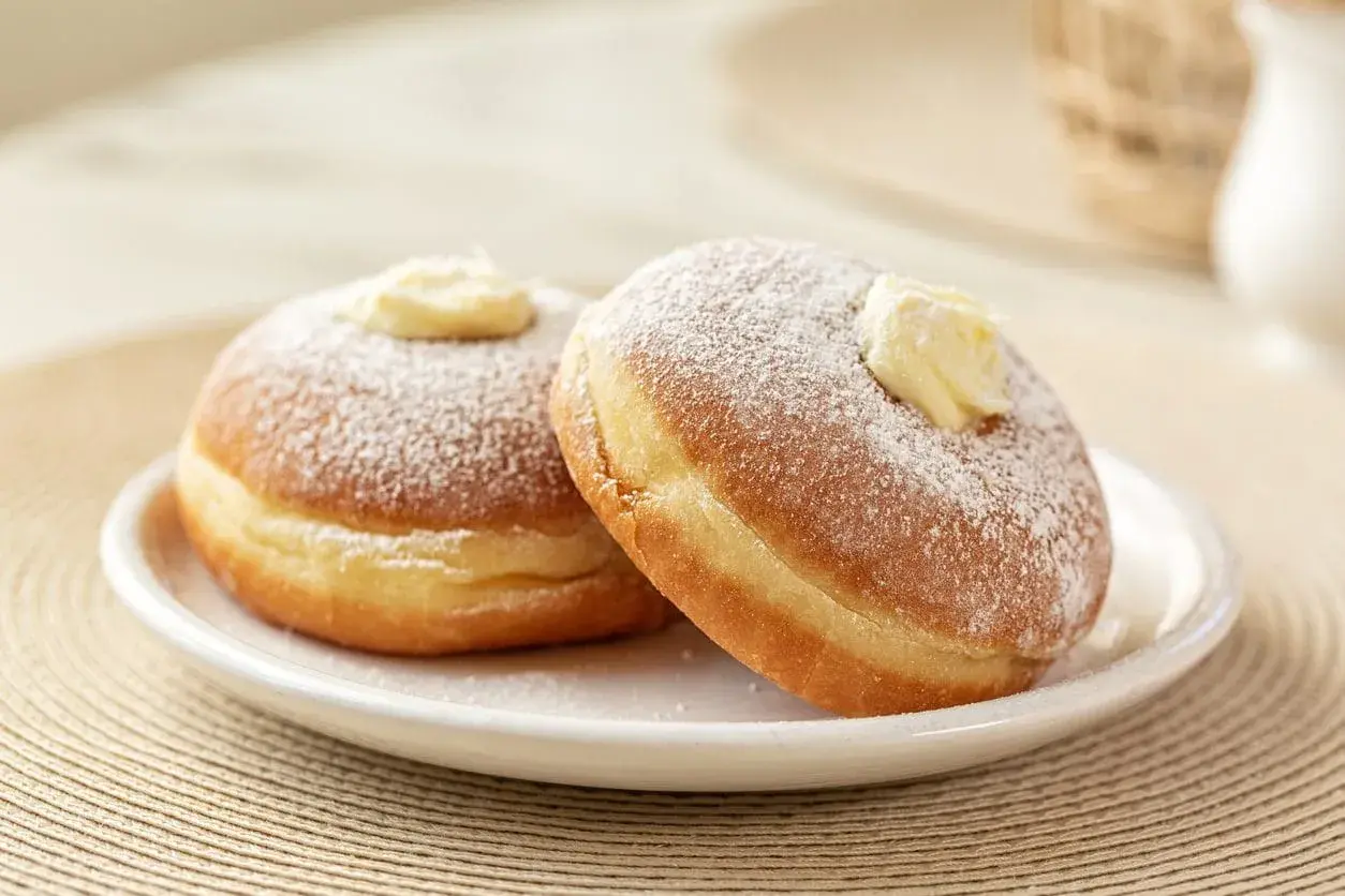 Due bomboloni ripieni di crema, spolverati di zucchero a velo, mostrano la differenza tra bombolone e krapfen: il primo è più soffice e senza buco.