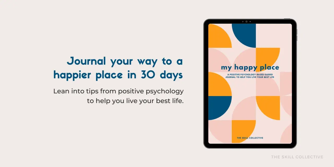 Tablet displaying "my happy place" journal, a positive psychology-based guide. Text promotes journaling for happiness.