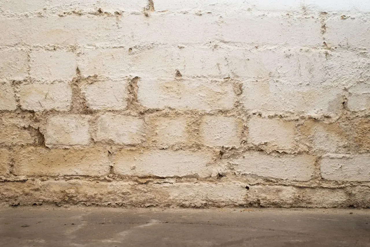 Feuchte Ziegelwand im Keller, Putz bröckelt ab. Der Boden ist ebenfalls feucht.