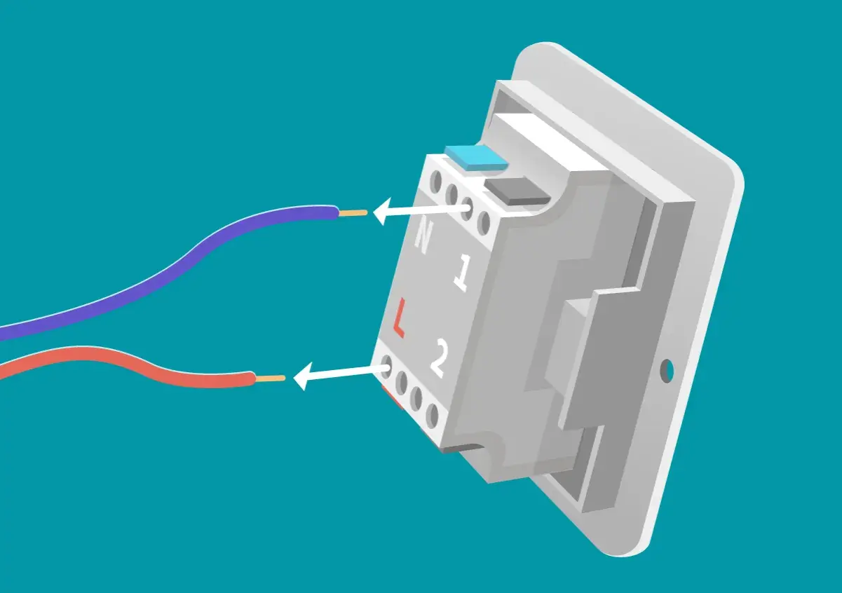 Anleitung zum Gira Lichtschalter ausbauen: Kabel (blau/violett und rot) werden in Klemmen (N, 1, L, 2) gesteckt.