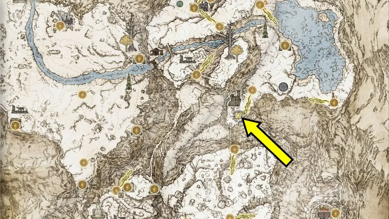 Mapa Elden Ring: Popioły Wojny. Żółta strzałka wskazuje drogę do lokacji w śnieżnych górach.