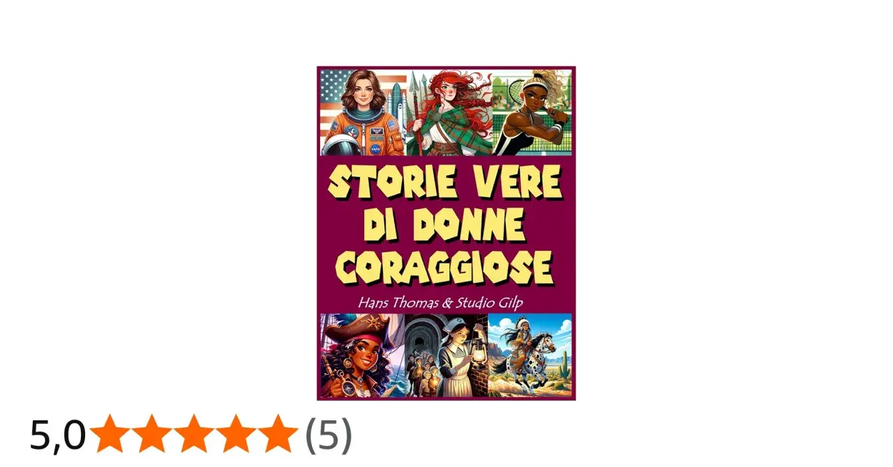 Copertina di libri che parlano di donne forti: astronauta, guerriera, tennista, pirata, infermiera e amazzone.