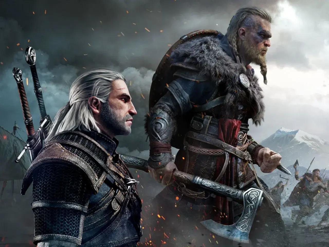 Geralt i Eivor, bohaterowie gier podobnych do Assassin's Creed, gotowi do walki.