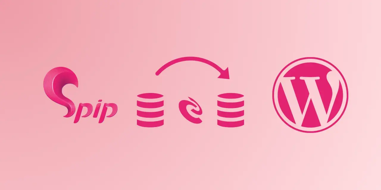 Migration de SPIP vers WordPress : icônes de bases de données reliées par une flèche, symbolisant le transfert de données.