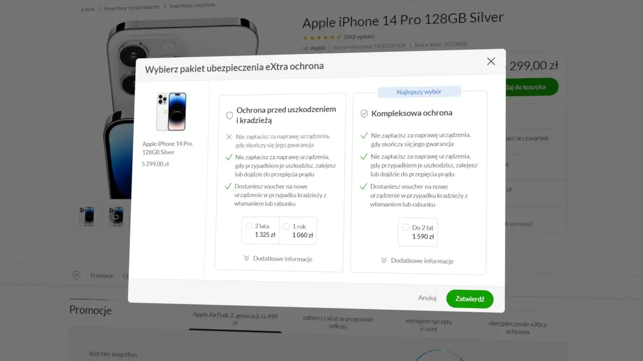 Wybierz ubezpieczenie iPhone 14 Pro. Pakiet eXtra ochrona obejmuje uszkodzenia i kradzież. Dostępne opcje na 1 lub 2 lata.