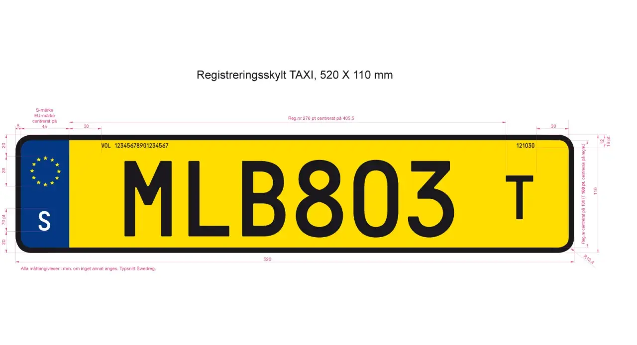 Gul registreringsskylt för taxi med texten MLB803 T. EU-märke med S till vänster.