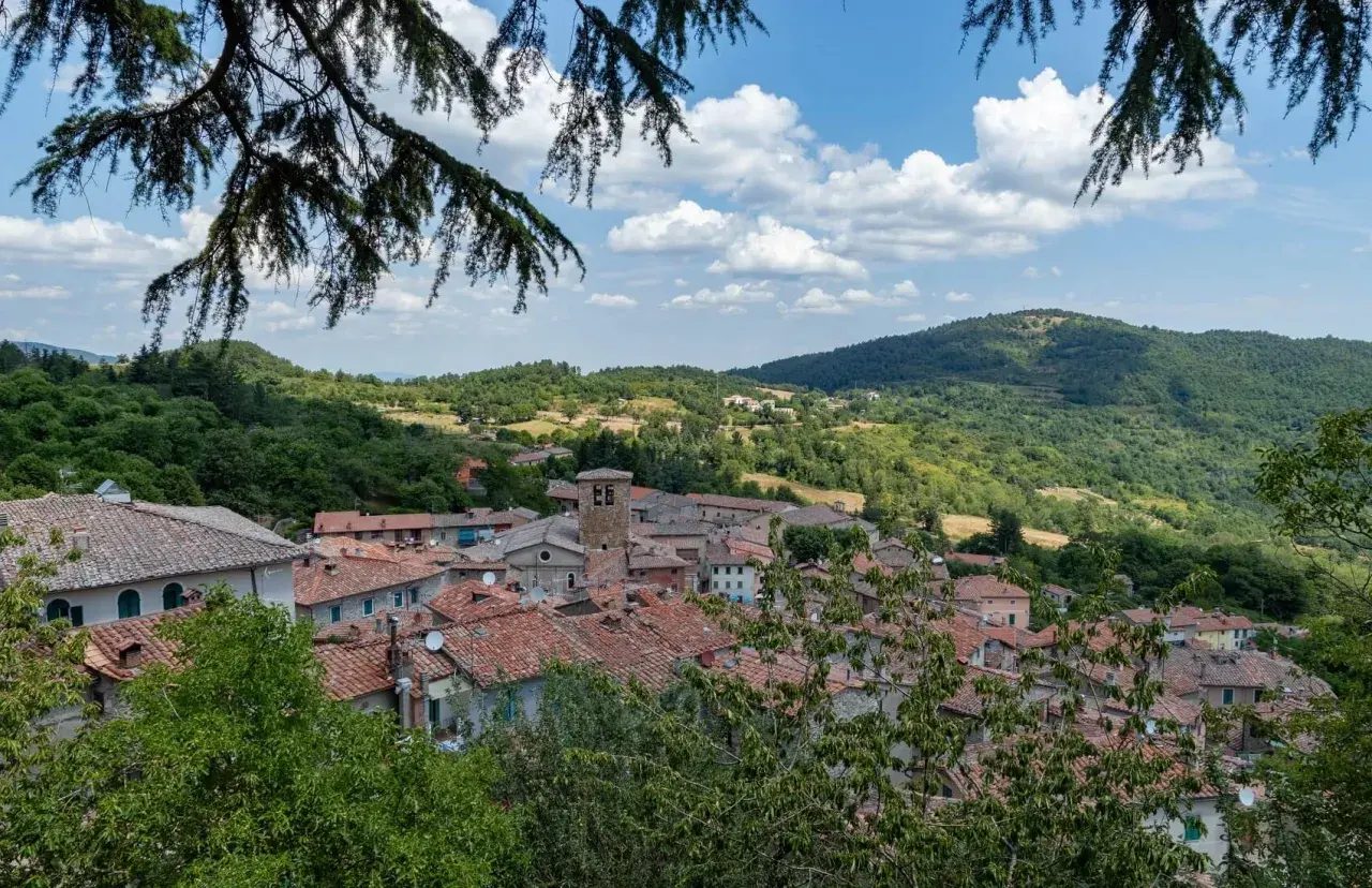 Panoramica di Montieri, Grosseto, con tetti in cotto e colline verdi sotto un cielo azzurro con nuvole bianche.