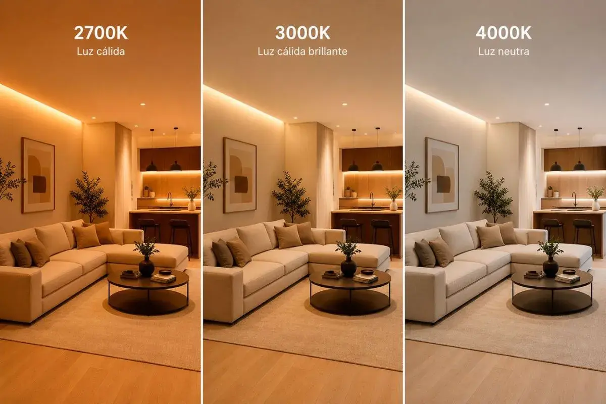 Salón moderno con sofá seccional beige y mesa de centro. Tres paneles muestran la misma escena con diferentes grados kelvin luz: 2700K (cálida), 3000K (cálida brillante) y 4000K (neutra).