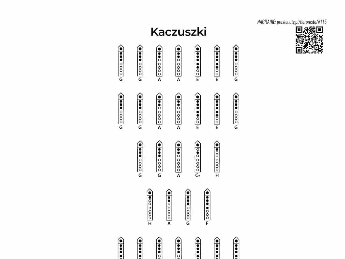 Diagramy palcowania dla melodii na flet prosty, pokazujące różne dźwięki.