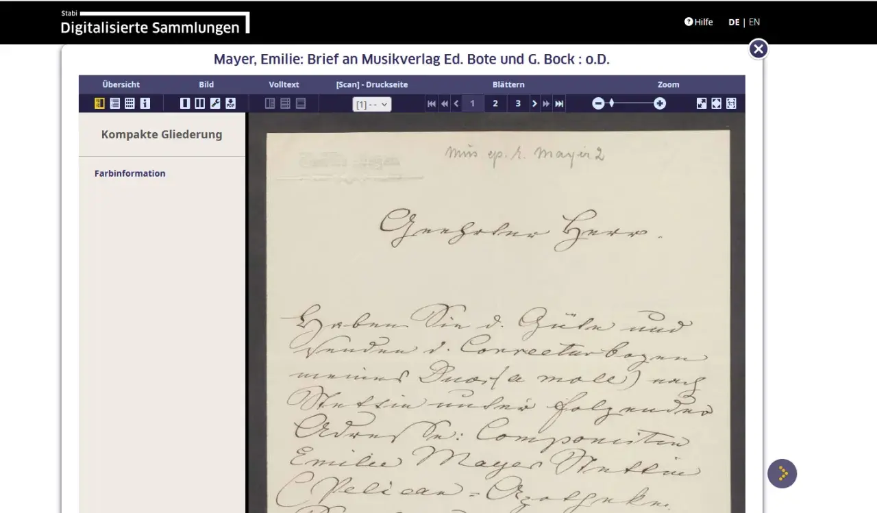 Lettre manuscrite d'Emilie Mayer, consultable avec un logiciel de paléographie gratuit.