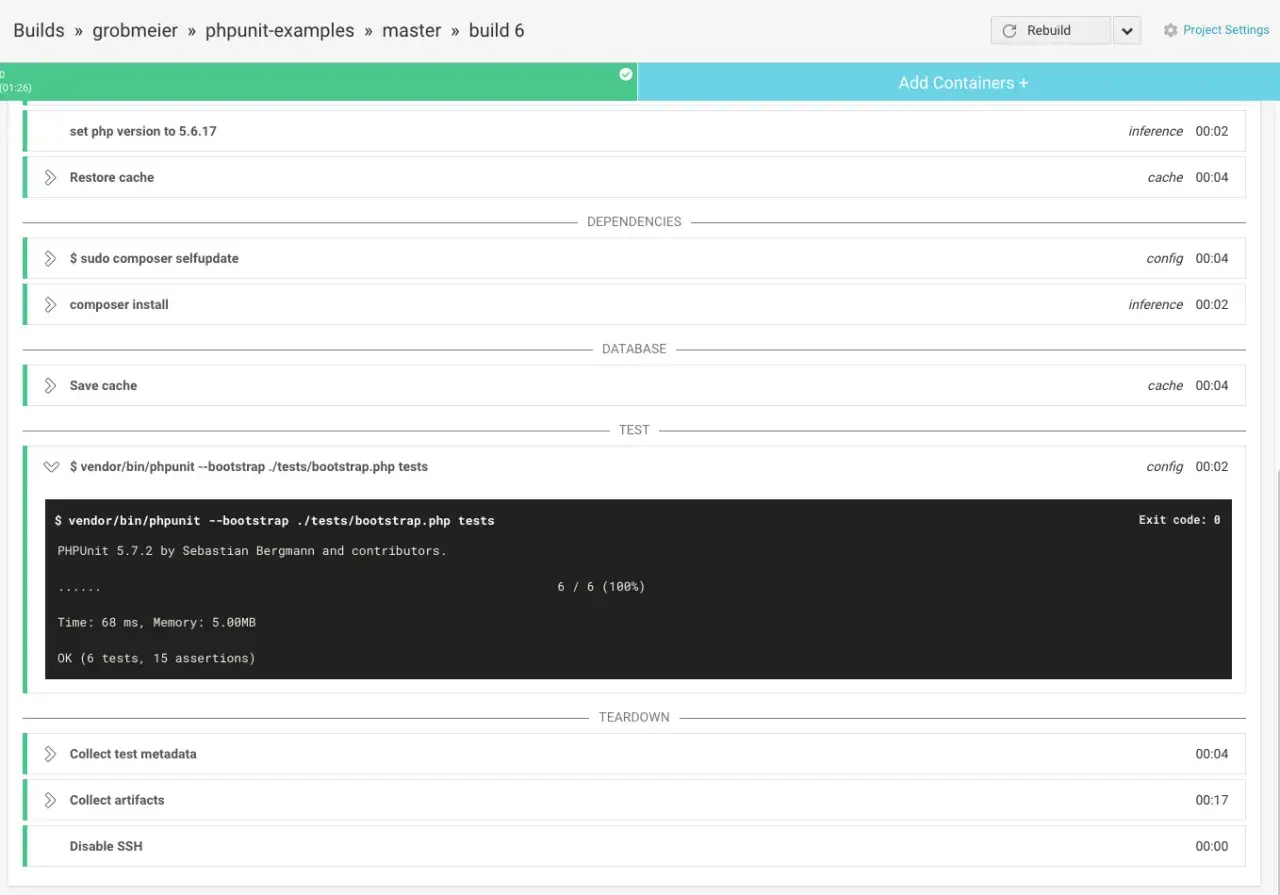 Build-Prozess mit PHPUnit 5.7.2 von Sebastian Bergmann und Team. Tests laufen erfolgreich.