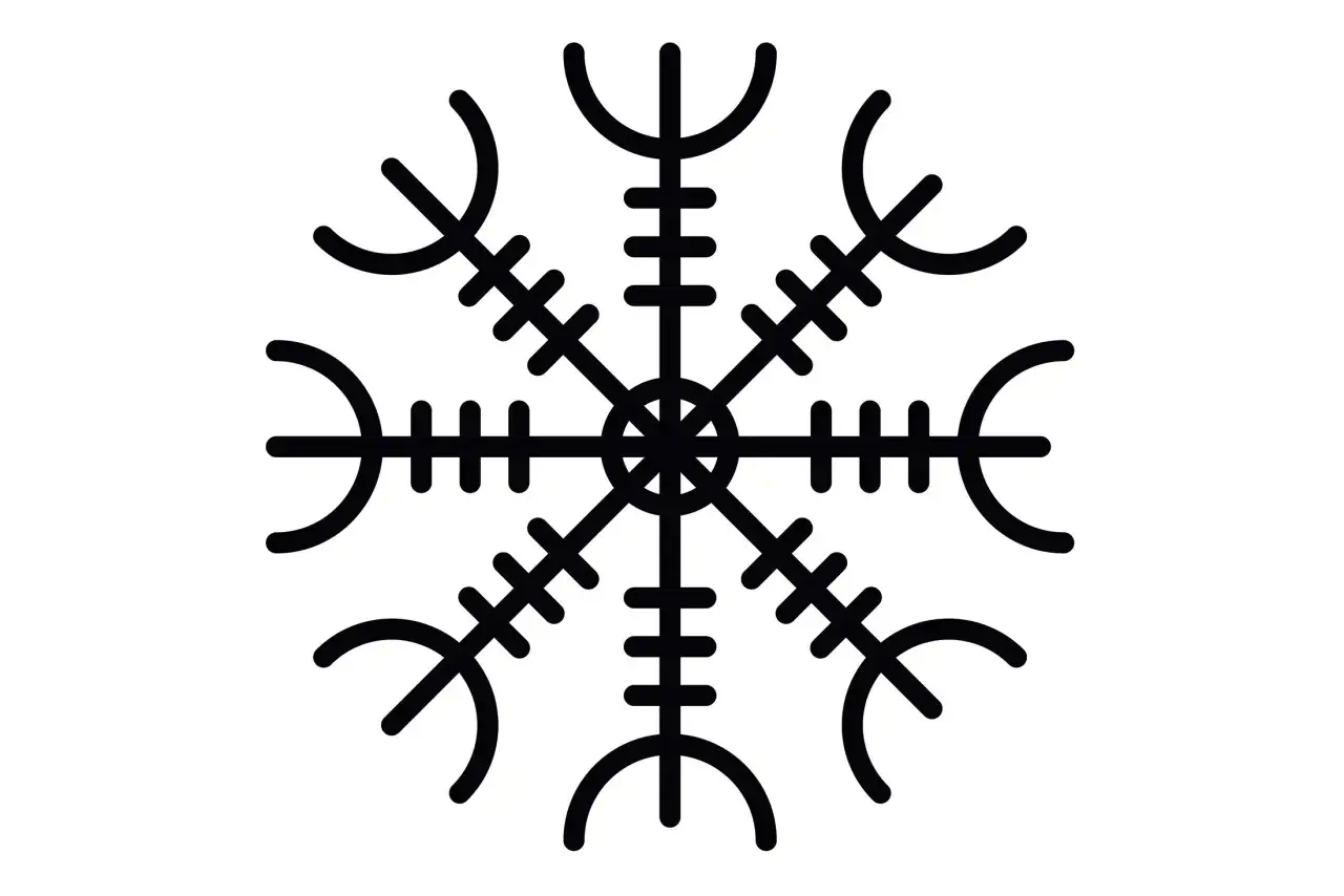 En svart, stiliserad bild av en kompassros, en av de mest kända fornnordiska symbolerna. Den ser ut som en stjärna med åtta spetsar, där varje spets har en unik form.
