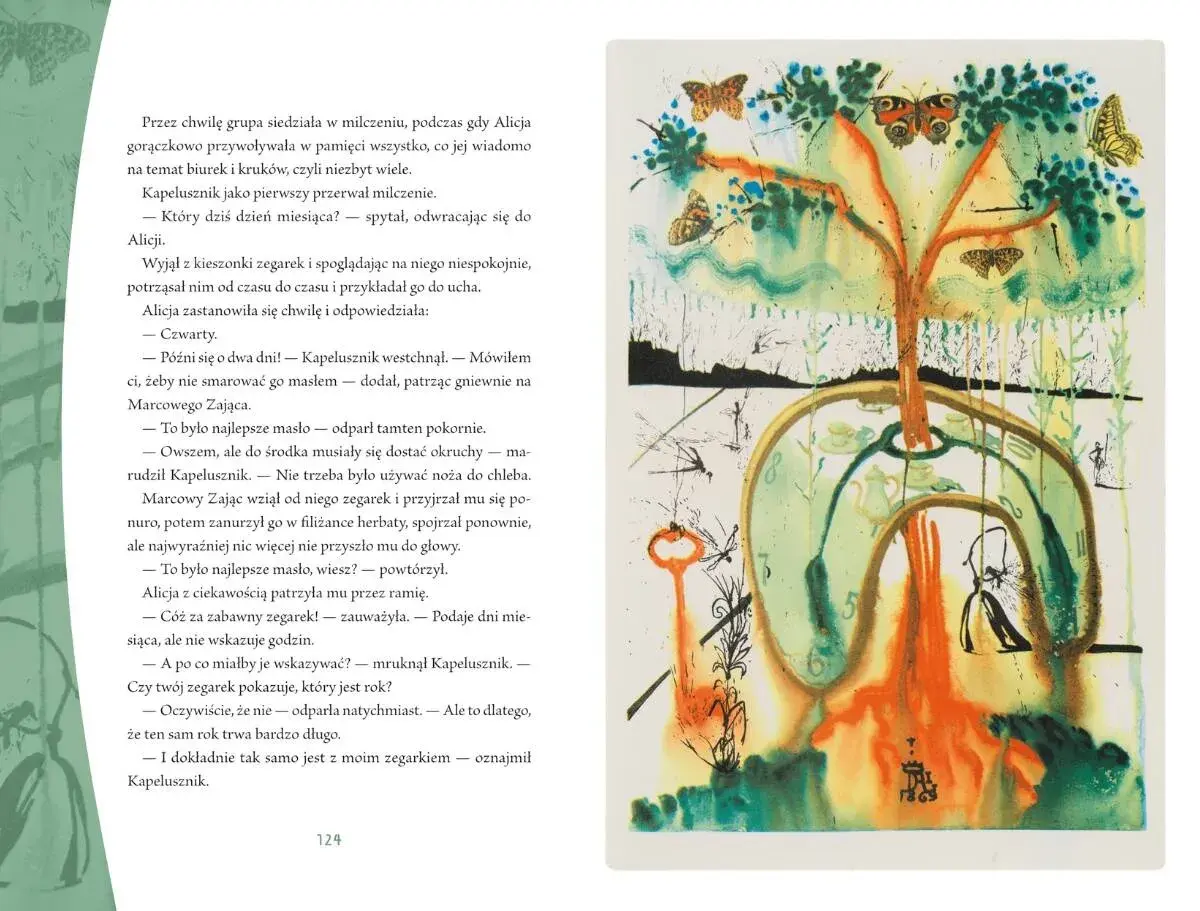 Surrealistyczny obraz z motywami z Alicji w Krainie Czarów: drzewo z motylami, klucz, filiżanki i zegar.