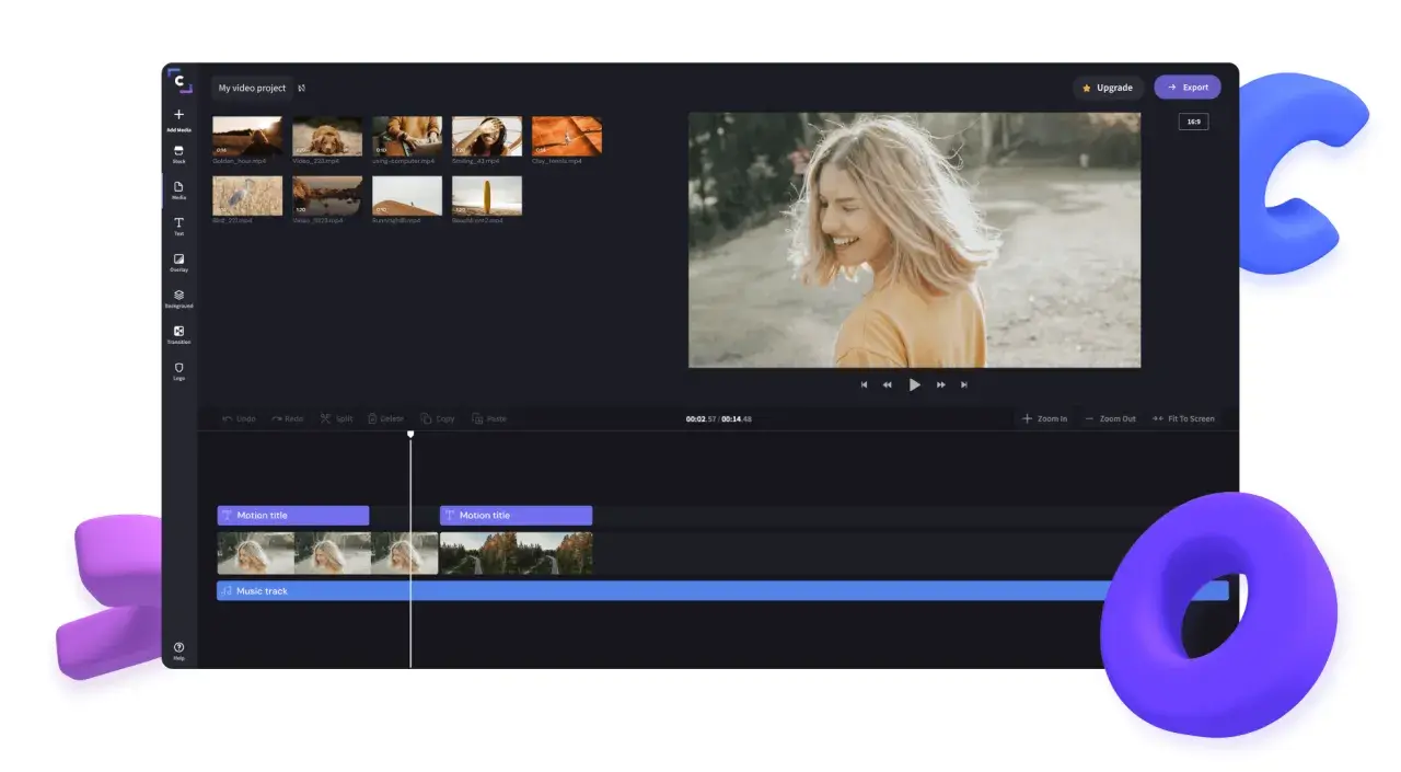 Edytor wideo z interfejsem podobnym do adobe creative, prezentujący projekt z klipami wideo, ścieżką muzyczną i podglądem.