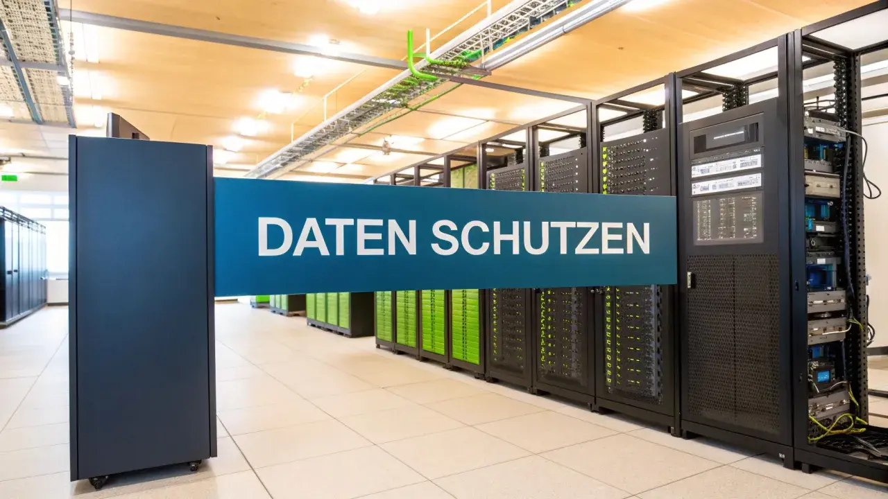 Serverraum mit dem Schild "DATEN SCHÜTZEN". Hier werden wichtige backup konzepte umgesetzt, um Datenverlust zu verhindern.