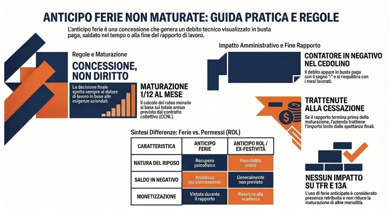 Guida su anticipo ferie: le ferie in busta paga sono in ore o giorni. Spiega maturazione, impatto e differenze con ROL.