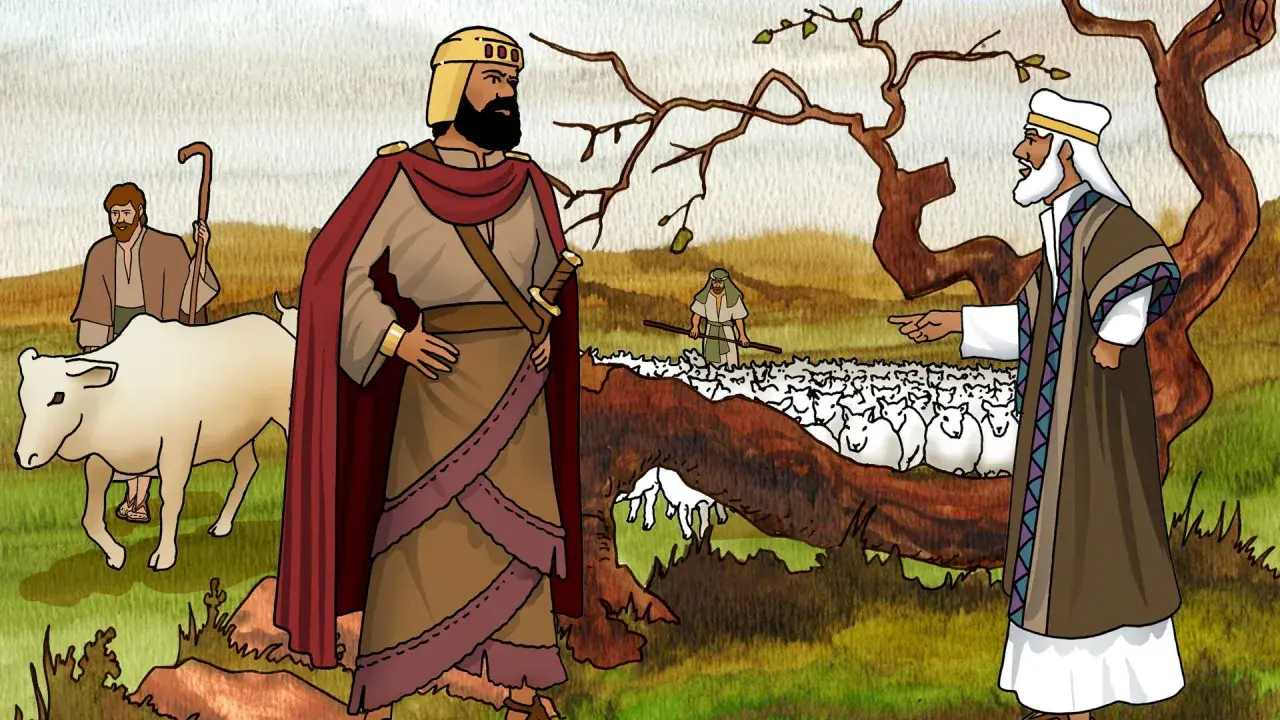 König Saul und ein Prophet sprechen über die Amalekiter. Ein Hirte mit einer Kuh und Schafe im Hintergrund. 1 Samuel 15,3.