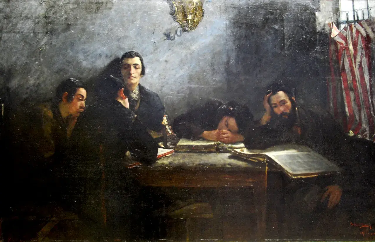 Obraz przedstawia grupę mężczyzn pochylonych nad stołem, z książkami i flagami w tle.