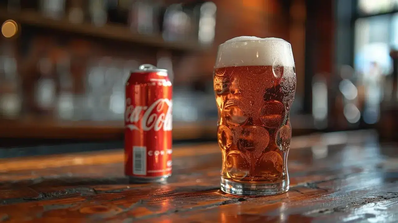 Un bicchiere di birra ambrata e una lattina di Coca-Cola su un tavolo di legno. La birra ha una schiuma abbondante.