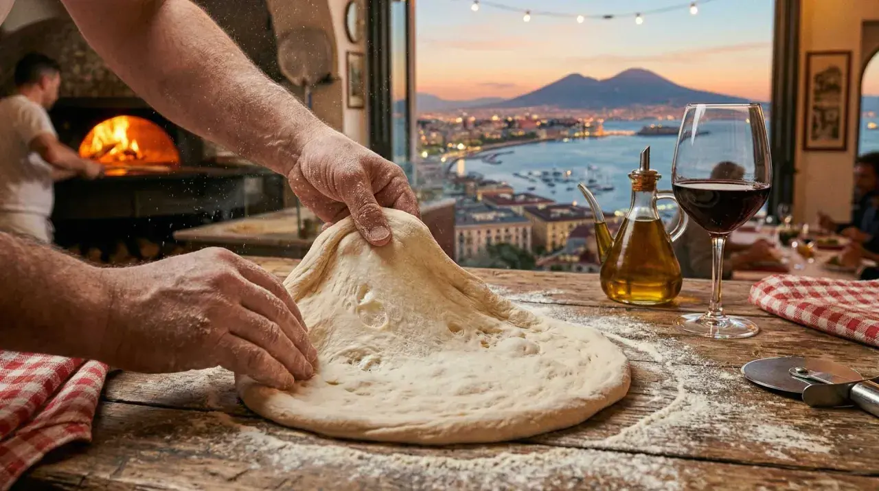 Hände rollen pizzateig aus. Im Hintergrund ein Holzofen, eine Stadtansicht bei Sonnenuntergang und ein Glas Rotwein.