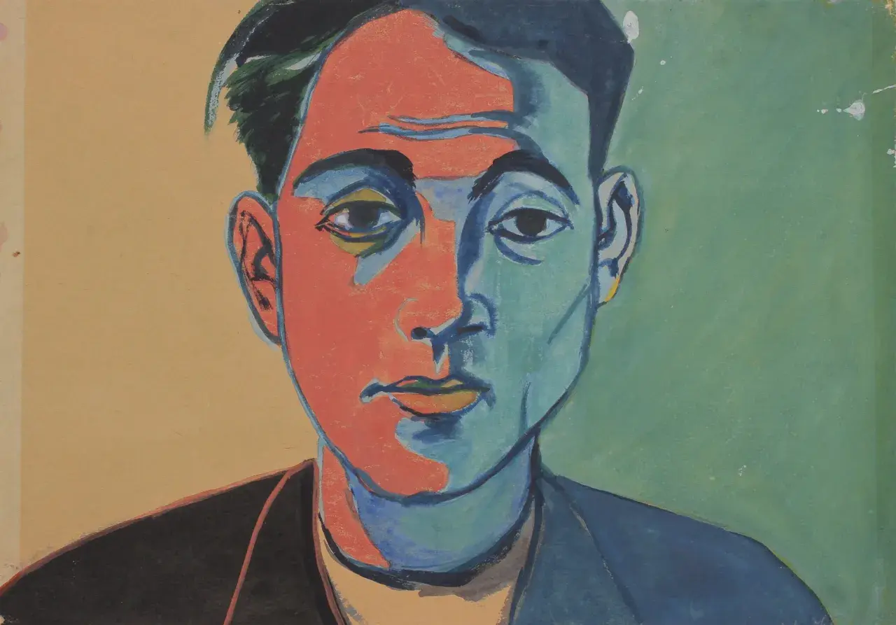 Portret mężczyzny w intensywnych barwach, charakterystyczny dla dzieł Andrzeja Wróblewskiego.