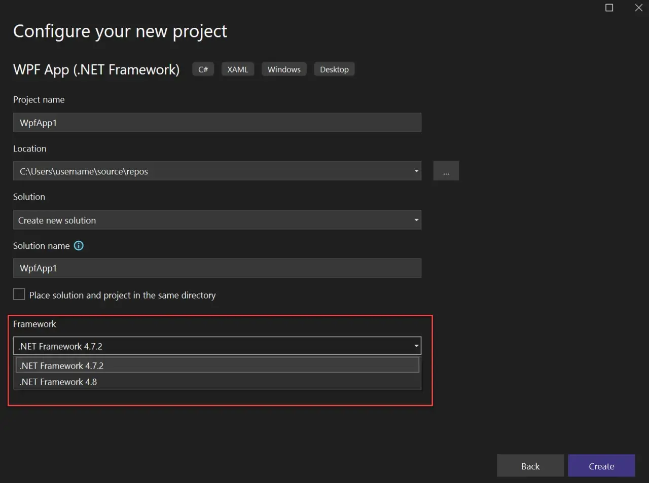 Fenêtre de configuration de projet WPF. Choix entre différentes versions de .NET Framework pour votre application C#.