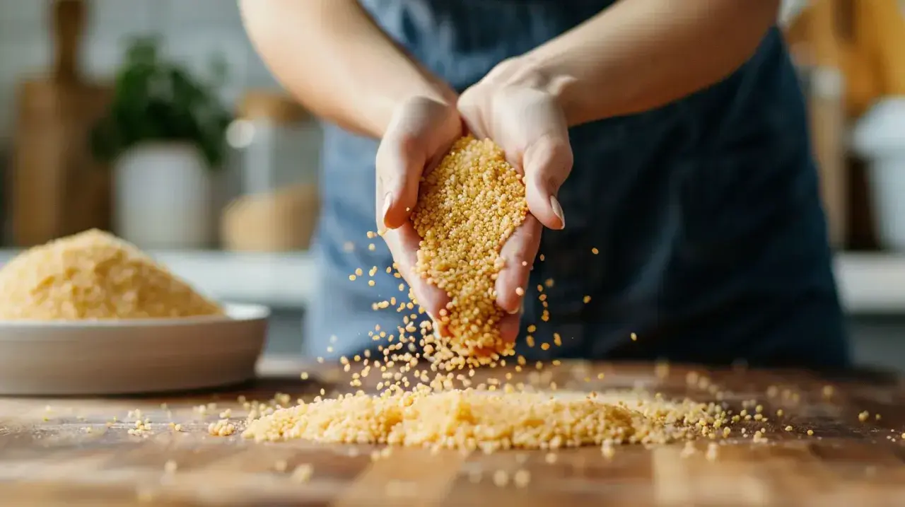 Dłonie rozsypują kaszę bulgur, która jest przetworzoną pszenicą. W tle miska pełna ziaren.
